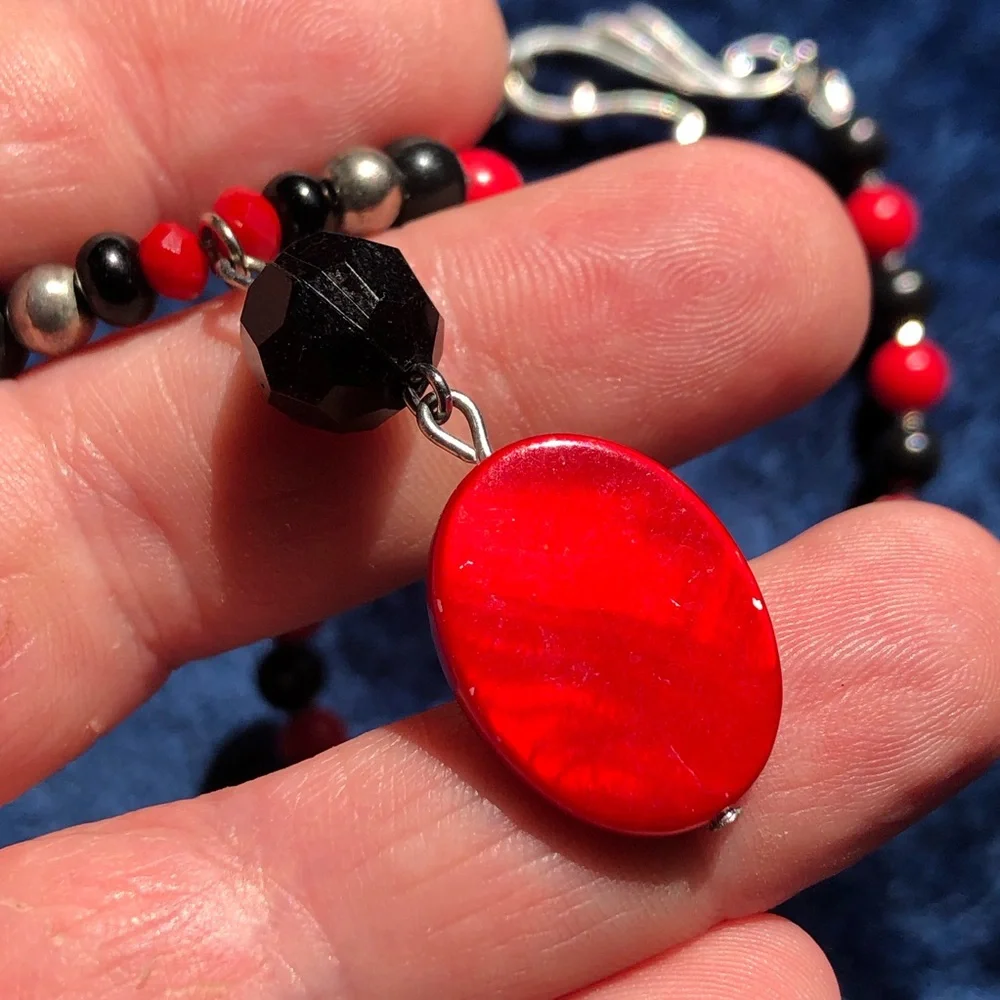 Handcrafted repurpose vintage red and black drop pendant beaded necklace